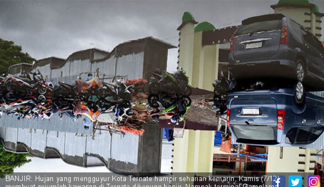 BANJIR: Hujan yang mengguyur Kota Ternate hampir seharian kemarin, Kamis (7/12) membuat sejumlah kawasan di Ternate dikepung banjir. Nampak terminal Gamalama tergenang air, Rabu (7/12). - JPNN.com