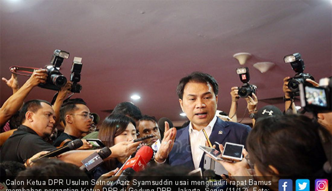 Calon Ketua DPR Usulan Setnov Aziz Syamsuddin usai menghadiri rapat Bamus membahas pergantian Ketua DPR di Gedung DPR, Jakarta, Senin (11/12). - JPNN.com