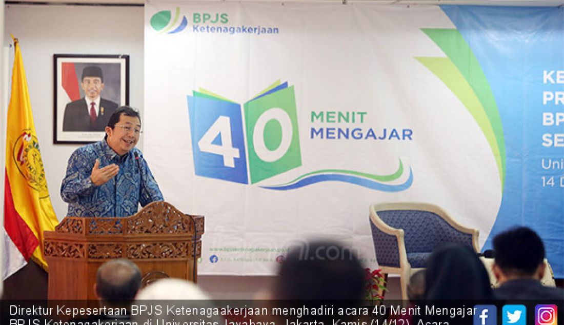 Direktur Kepesertaan BPJS Ketenagaakerjaan menghadiri acara 40 Menit Mengajar BPJS Ketenagakerjaan di Universitas Jayabaya, Jakarta, Kamis (14/12). Acara tersebut merupakan program pengenalan BPJS Ketenagakerjaan. - JPNN.com