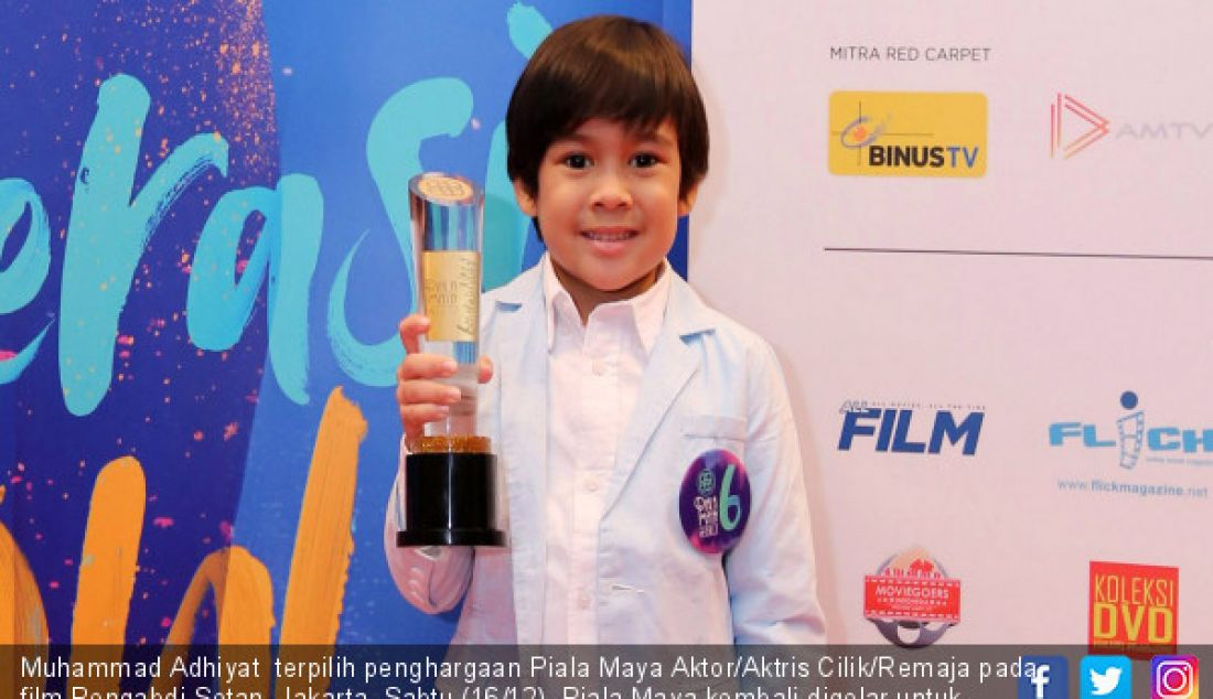 Muhammad Adhiyat terpilih penghargaan Piala Maya Aktor/Aktris Cilik/Remaja pada film Pengabdi Setan, Jakarta, Sabtu (16/12). Piala Maya kembali digelar untuk yang keenam kalinya, tahun ini bertema generasi now. - JPNN.com