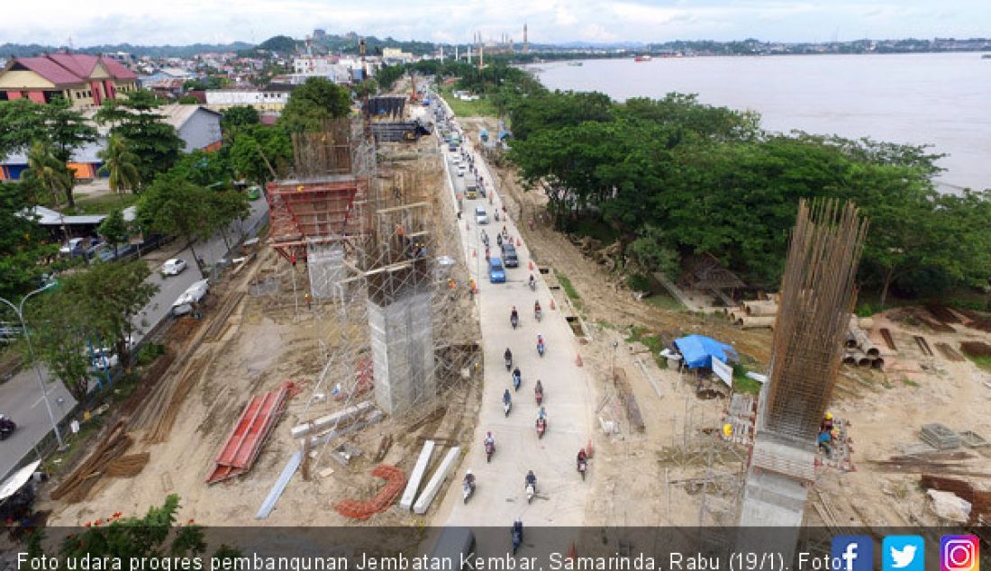 Foto udara progres pembangunan Jembatan Kembar, Samarinda, Rabu (19/1). - JPNN.com