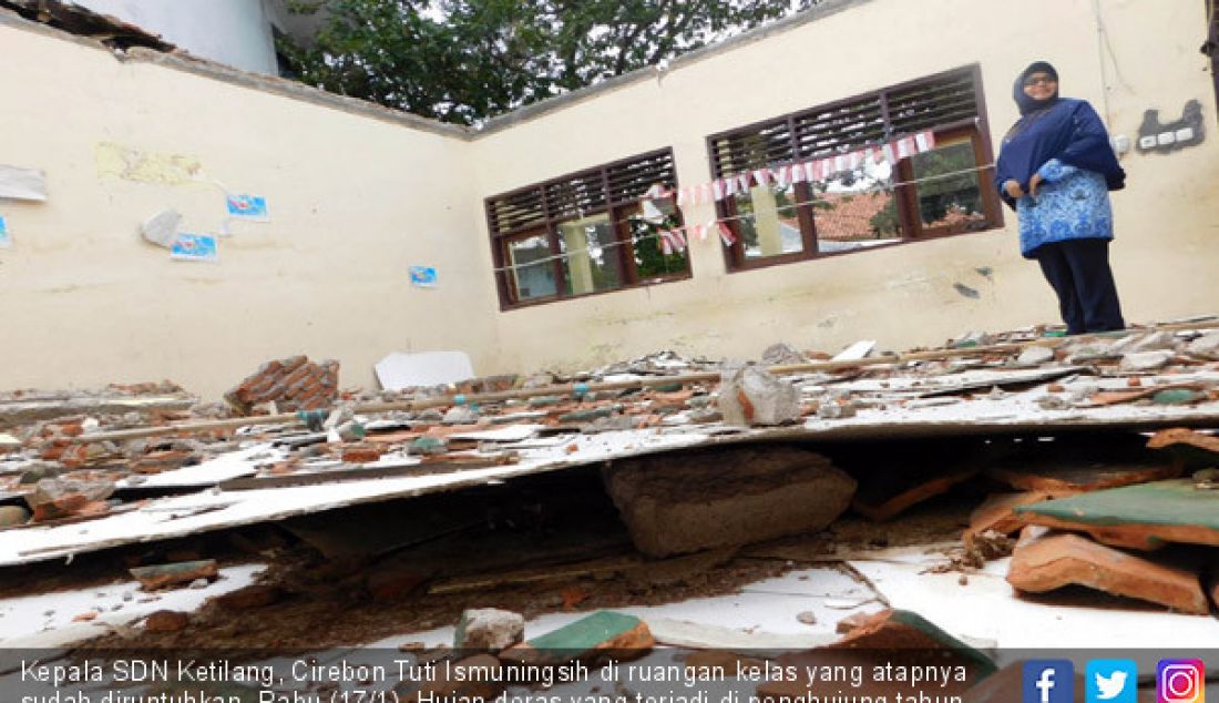 Kepala SDN Ketilang, Cirebon Tuti Ismuningsih di ruangan kelas yang atapnya sudah diruntuhkan, Rabu (17/1). Hujan deras yang terjadi di penghujung tahun lalu menyebabkan sejumlah sekolah mengalami kerusakan di bagian atap. - JPNN.com