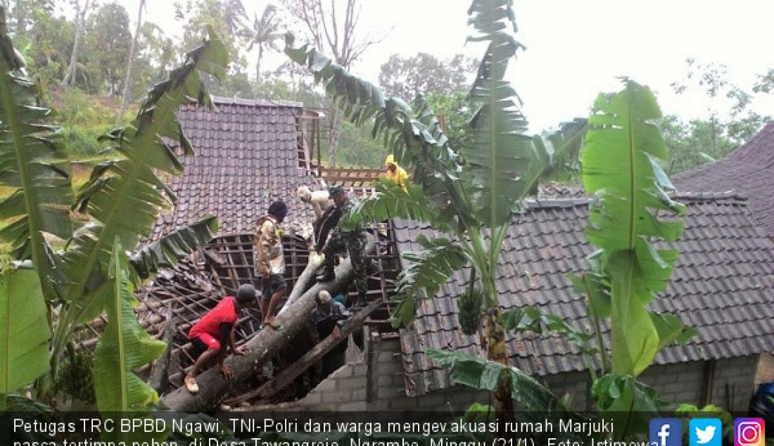 Petugas TRC BPBD Ngawi, TNI-Polri dan warga mengevakuasi rumah Marjuki pasca-tertimpa pohon, di Desa Tawangrejo, Ngrambe, Minggu (21/1). - JPNN.com