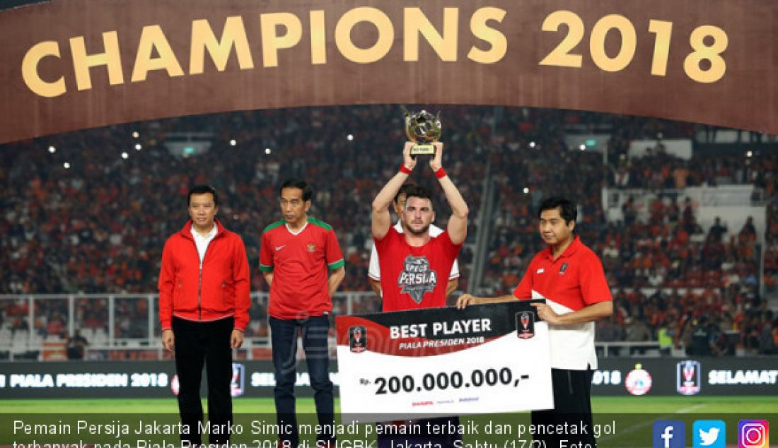 Pemain Persija Jakarta Marko Simic menjadi pemain terbaik dan pencetak gol terbanyak pada Piala Presiden 2018 di SUGBK, Jakarta, Sabtu (17/2). - JPNN.com