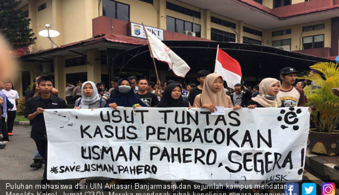 Puluhan mahasiswa dari UIN Antasari Banjarmasin dan sejumlah kampus mendatangi Mapolda Kalsel, Jumat (23/2). Mereka mendesak pihak kepolisian segera mengungkap pelaku pembacokan yang menimpa aktivis antitambang Usman Pahero. - JPNN.com