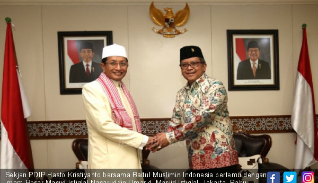 Sekjen PDIP Hasto Kristiyanto bersama Baitul Muslimin Indonesia bertemu dengan Imam Besar Masjid Istiqlal Nasaruddin Umar di Masjid Istiqlal, Jakarta, Rabu (11/4). - JPNN.com