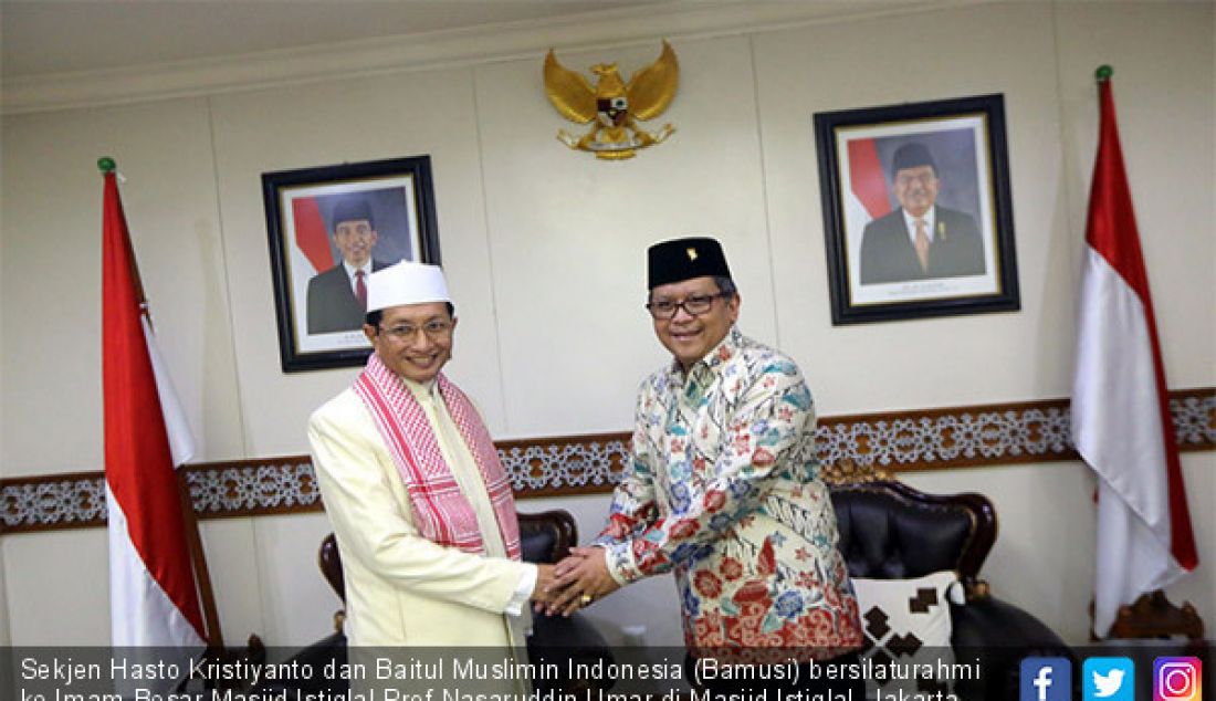 Sekjen Hasto Kristiyanto dan Baitul Muslimin Indonesia (Bamusi) bersilaturahmi ke Imam Besar Masjid Istiqlal Prof Nasaruddin Umar di Masjid Istiqlal, Jakarta, Rabu (11/4). - JPNN.com