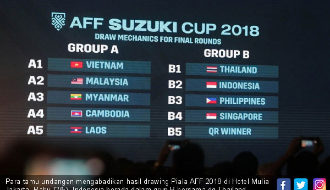 Para tamu undangan mengabadikan hasil drawing Piala AFF 2018 di Hotel Mulia Jakarta, Rabu (2/5). Indonesia berada dalam grup B bersama dg Thailand, Filipina, Singapura dan pemenang antara Timor Leste/Brunai DS. - JPNN.com