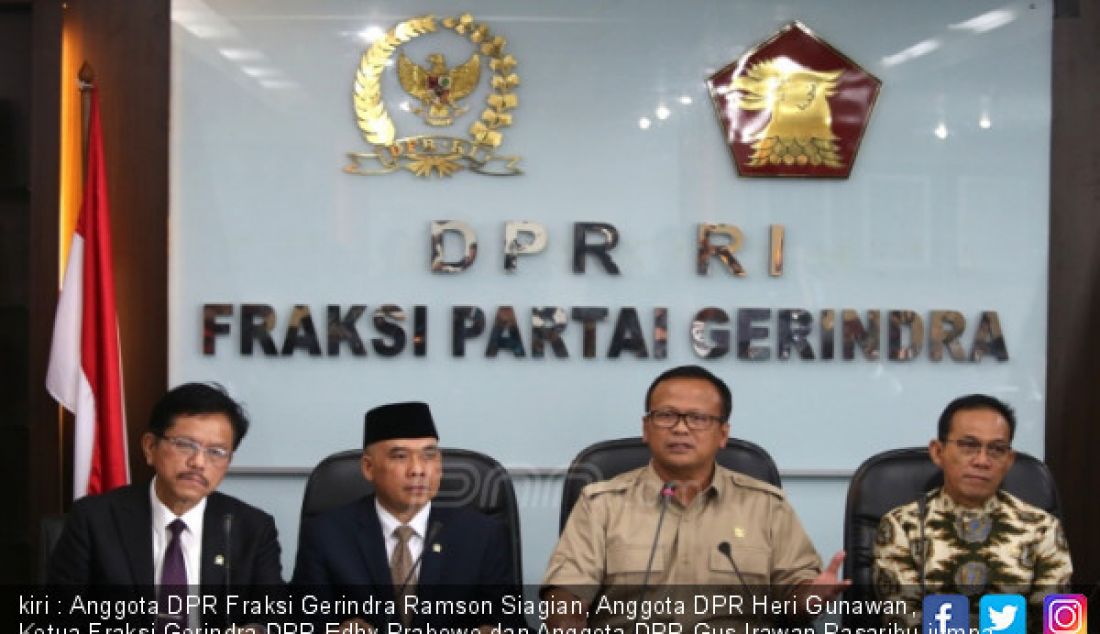 kiri : Anggota DPR Fraksi Gerindra Ramson Siagian, Anggota DPR Heri Gunawan, Ketua Fraksi Gerindra DPR Edhy Prabowo dan Anggota DPR Gus Irawan Pasaribu jumpa pers di ruang Fraksi Gerindra, Jakarta, Kamis (24/5). - JPNN.com