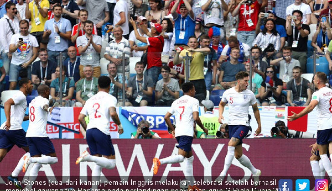 John Stones (dua dari kanan) pemain Inggris melakukan selebrasi setelah berhasil menjebol gawang tim Panama pada pertandingan penyisihan grup G Piala Dunia 2018 di Stadion Nizhny Novgorod, Rusia, Minggu (24/6). - JPNN.com