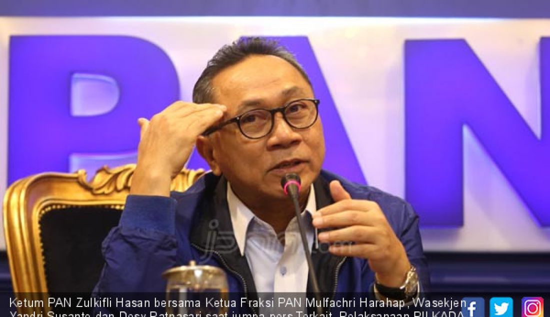 Ketum PAN Zulkifli Hasan bersama Ketua Fraksi PAN Mulfachri Harahap, Wasekjen Yandri Susanto dan Desy Ratnasari saat jumpa pers Terkait Pelaksanaan PILKADA Serentak dan Perkembangan Politik Menjelang PILEG dan PILPRES 2019. - JPNN.com