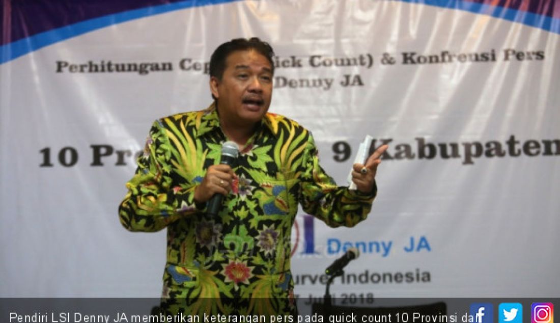 Pendiri LSI Denny JA memberikan keterangan pers pada quick count 10 Provinsi dan 9 Kabupaten, Jakarta, Rabu (27/6). - JPNN.com