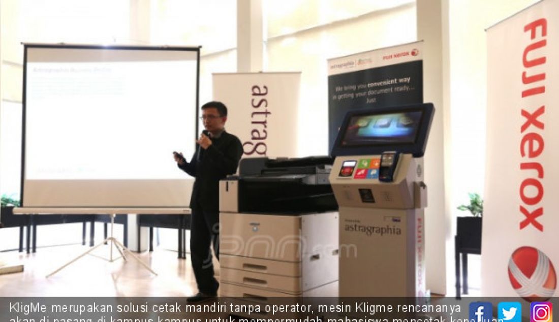 KligMe merupakan solusi cetak mandiri tanpa operator, mesin Kligme rencananya akan di pasang di kampus-kampus untuk mempermudah mahasiswa mencetak keperluan cetak di kampus sekaligus mewujudkan world-class university di Indonesia. - JPNN.com
