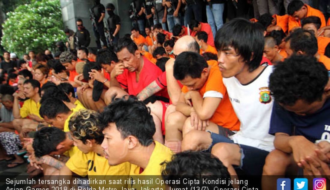 Sejumlah tersangka dihadirkan saat rilis hasil Operasi Cipta Kondisi jelang Asian Games 2018 di Polda Metro Jaya, Jakarta, Jumat (13/7). Operasi Cipta Kondisi mengamankan 640 orang, 116 ditahan dan 524 lainnya dibina. - JPNN.com