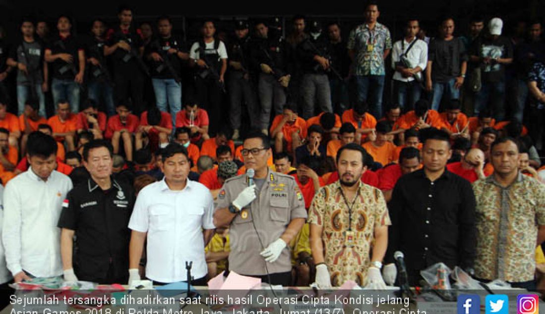 Sejumlah tersangka dihadirkan saat rilis hasil Operasi Cipta Kondisi jelang Asian Games 2018 di Polda Metro Jaya, Jakarta, Jumat (13/7). Operasi Cipta Kondisi mengamankan 640 orang, 116 ditahan dan 524 lainnya dibina. - JPNN.com