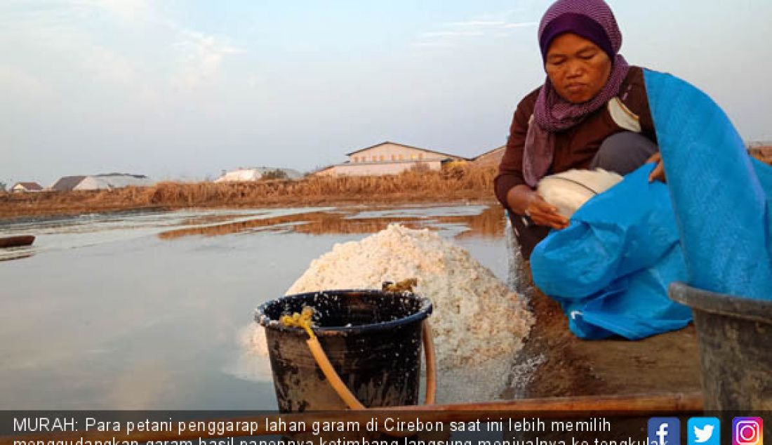 MURAH: Para petani penggarap lahan garam di Cirebon saat ini lebih memilih menggudangkan garam hasil panennya ketimbang langsung menjualnya ke tengkulak, Minggu (22/7). Harga garam lokal saat ini mengalami penurunan. - JPNN.com