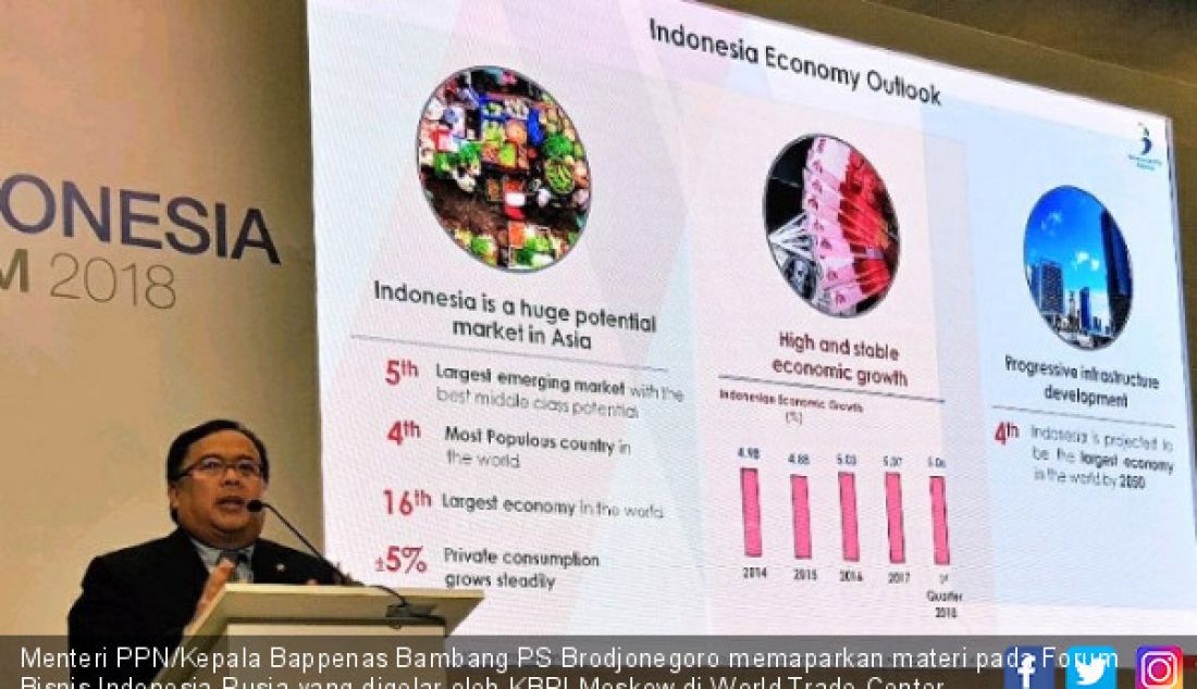 Menteri PPN/Kepala Bappenas Bambang PS Brodjonegoro memaparkan materi pada Forum Bisnis Indonesia-Rusia yang digelar oleh KBRI Moskow di World Trade Center (WTC), Moskow, Rusia, Kamis (2/8). - JPNN.com