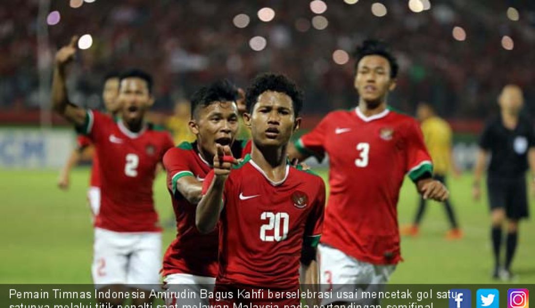 Pemain Timnas Indonesia Amirudin Bagus Kahfi berselebrasi usai mencetak gol satu satunya melalui titik penalti saat melawan Malaysia pada pertandingan semifinal kedua AFF U 16 di Stadion Gelora Delta Sidoarjo, Kamis (9/8). - JPNN.com