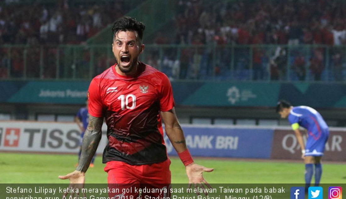 Stefano Lilipay ketika merayakan gol keduanya saat melawan Taiwan pada babak penyisihan grup A Asian Games 2018 di Stadion Patriot Bekasi, Minggu (12/8). Indonesia menang dengan skor 4-0. - JPNN.com
