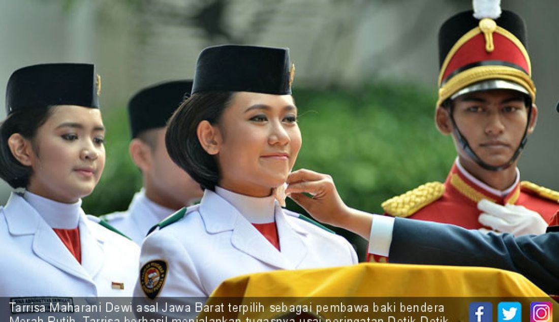 Tarrisa Maharani Dewi asal Jawa Barat terpilih sebagai pembawa baki bendera Merah Putih. Tarrisa berhasil menjalankan tugasnya usai peringatan Detik-Detik Kemerdekaan RI ke-73 di Istana Merdeka, Jakarta, Jumat (17/8). - JPNN.com