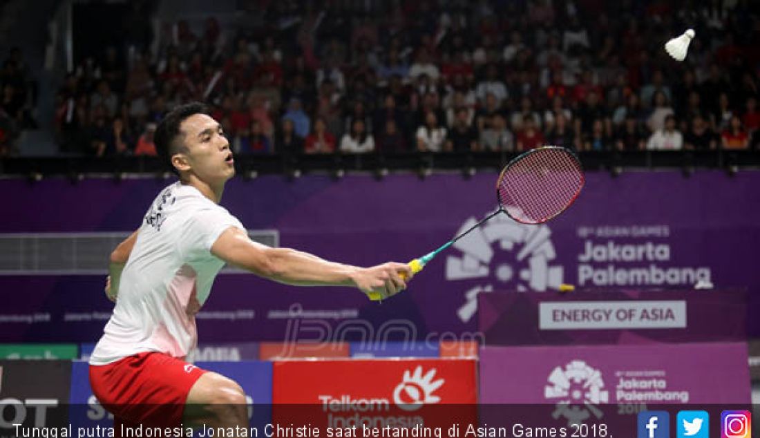 Tunggal putra Indonesia Jonatan Christie saat bertanding di Asian Games 2018, Jakarta, Minggu (26/8). - JPNN.com