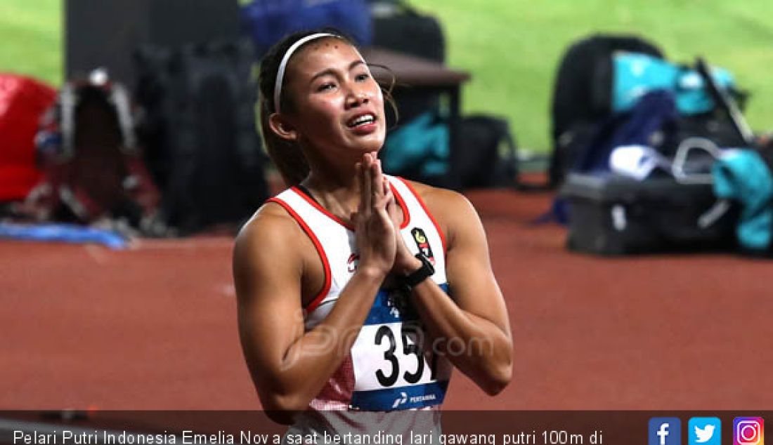 Pelari Putri Indonesia Emelia Nova saat bertanding lari gawang putri 100m di Asian Games 2018, Jakarta, Minggu (26/8). - JPNN.com