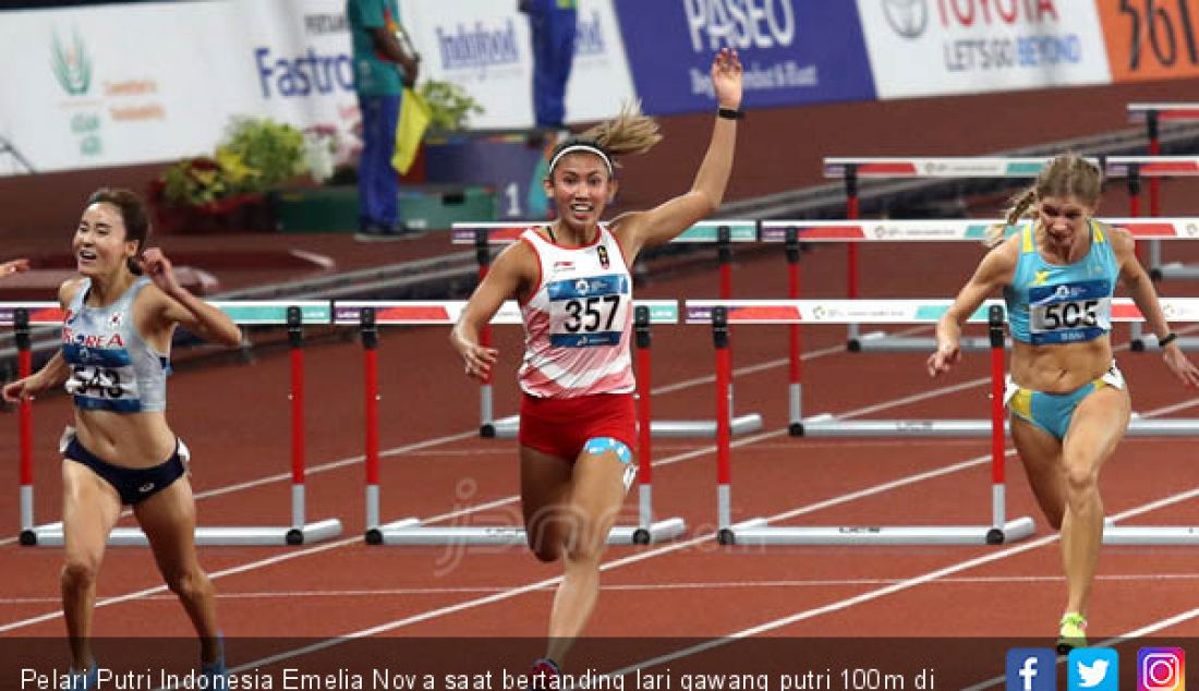 Pelari Putri Indonesia Emelia Nova saat bertanding lari gawang putri 100m di Asian Games 2018, Jakarta, Minggu (26/8). - JPNN.com