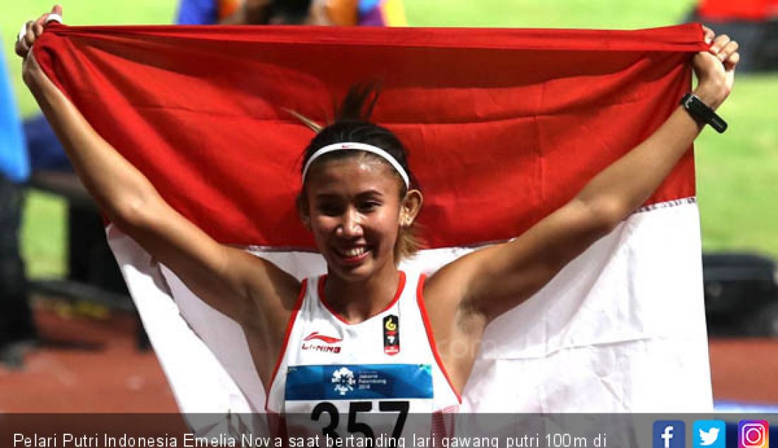 Pelari Putri Indonesia Emelia Nova saat bertanding lari gawang putri 100m di Asian Games 2018, Jakarta, Minggu (26/8). - JPNN.com