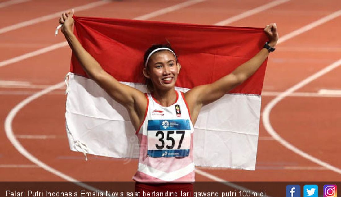 Pelari Putri Indonesia Emelia Nova saat bertanding lari gawang putri 100m di Asian Games 2018, Jakarta, Minggu (26/8). - JPNN.com