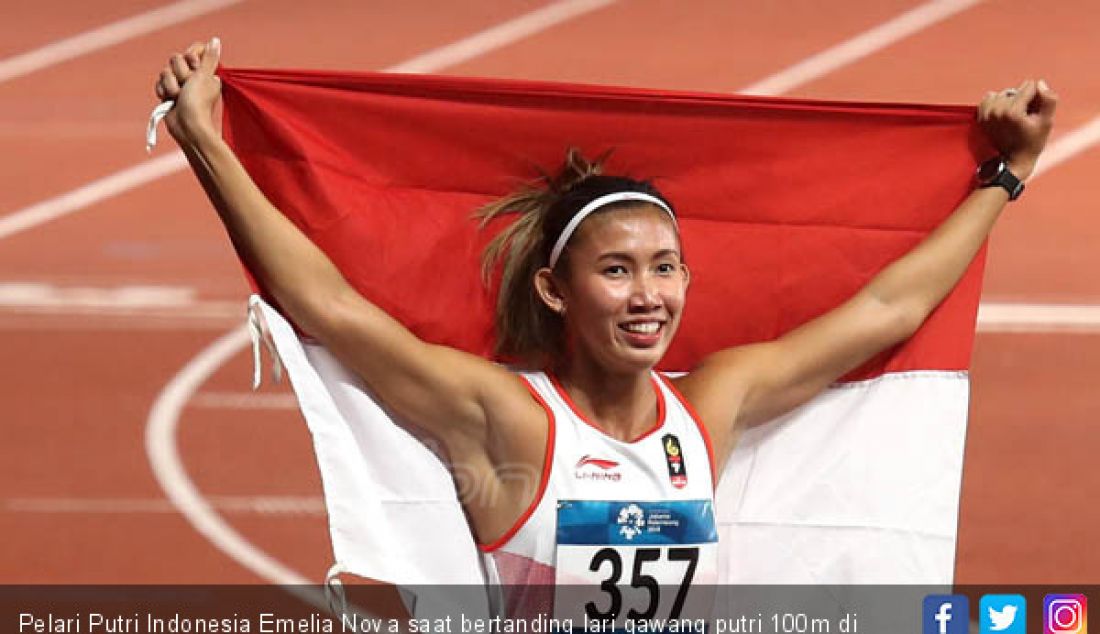 Pelari Putri Indonesia Emelia Nova saat bertanding lari gawang putri 100m di Asian Games 2018, Jakarta, Minggu (26/8). - JPNN.com