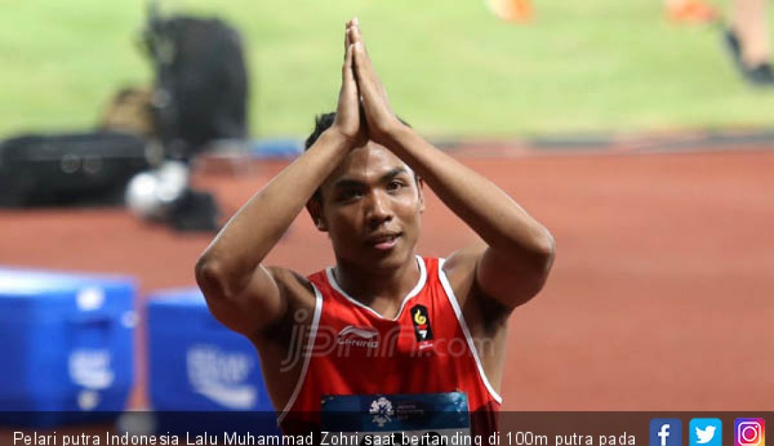 Pelari putra Indonesia Lalu Muhammad Zohri saat bertanding di 100m putra pada Asian Games 2018, Jakarta, Minggu (26/8). - JPNN.com