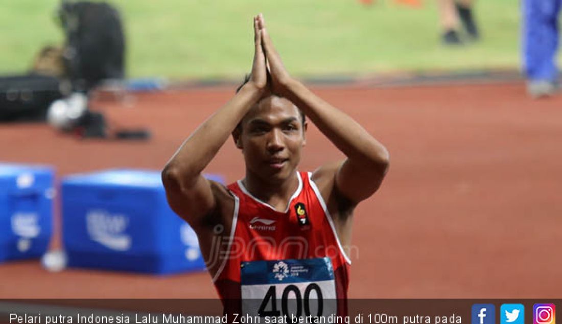 Pelari putra Indonesia Lalu Muhammad Zohri saat bertanding di 100m putra pada Asian Games 2018, Jakarta, Minggu (26/8). - JPNN.com