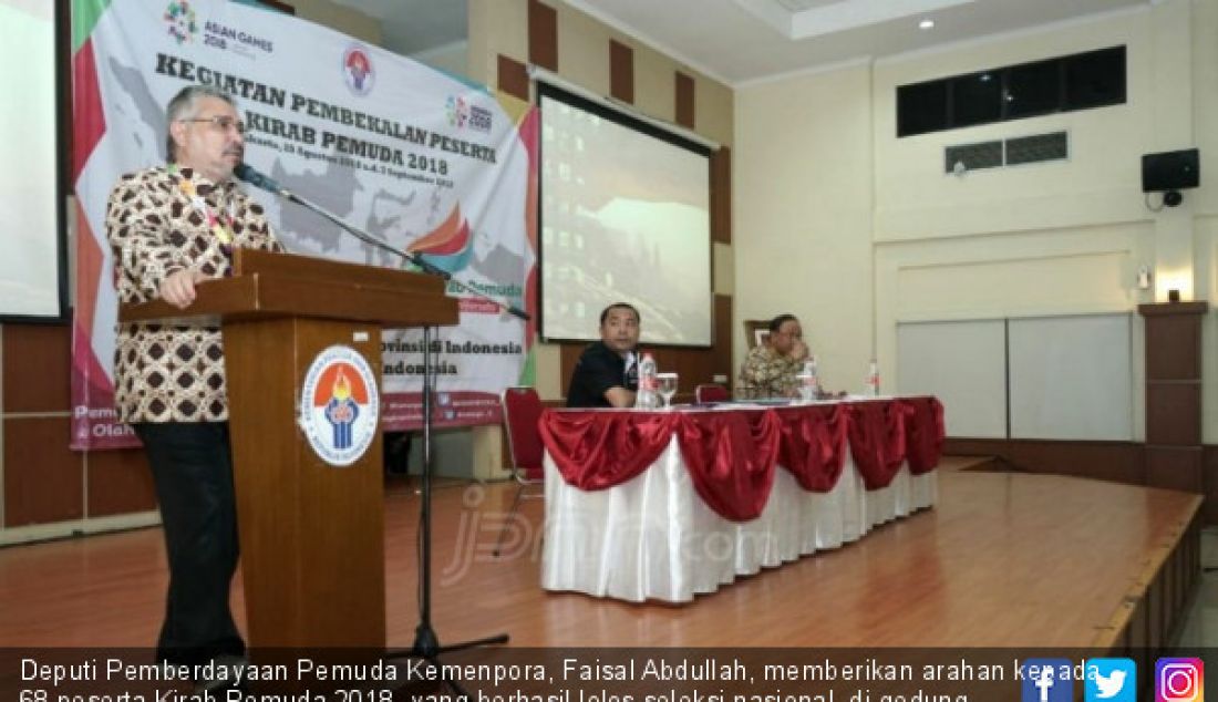 Deputi Pemberdayaan Pemuda Kemenpora, Faisal Abdullah, memberikan arahan kepada 68 peserta Kirab Pemuda 2018, yang berhasil lolos seleksi nasional, di gedung PP-PON Cibubur, Jakarta Timur, Kamis (30/9). - JPNN.com