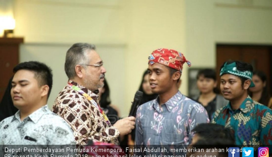 Deputi Pemberdayaan Pemuda Kemenpora, Faisal Abdullah, memberikan arahan kepada 68 peserta Kirab Pemuda 2018, yang berhasil lolos seleksi nasional, di gedung PP-PON Cibubur, Jakarta Timur, Kamis (30/9). Para pesera akan menjalani pembekalan selala tiga hari sebelum melakukan napak tilas ke 34 provinsi yang akan dimulai pada 5 September 2018. - JPNN.com