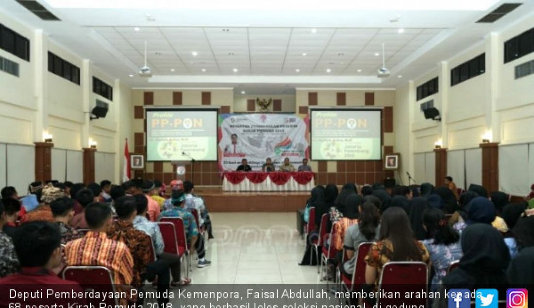 Deputi Pemberdayaan Pemuda Kemenpora, Faisal Abdullah, memberikan arahan kepada 68 peserta Kirab Pemuda 2018, yang berhasil lolos seleksi nasional, di gedung PP-PON Cibubur, Jakarta Timur, Kamis (30/9). Para pesera akan menjalani pembekalan selala tiga hari sebelum melakukan napak tilas ke 34 provinsi yang akan dimulai pada 5 September 2018. - JPNN.com