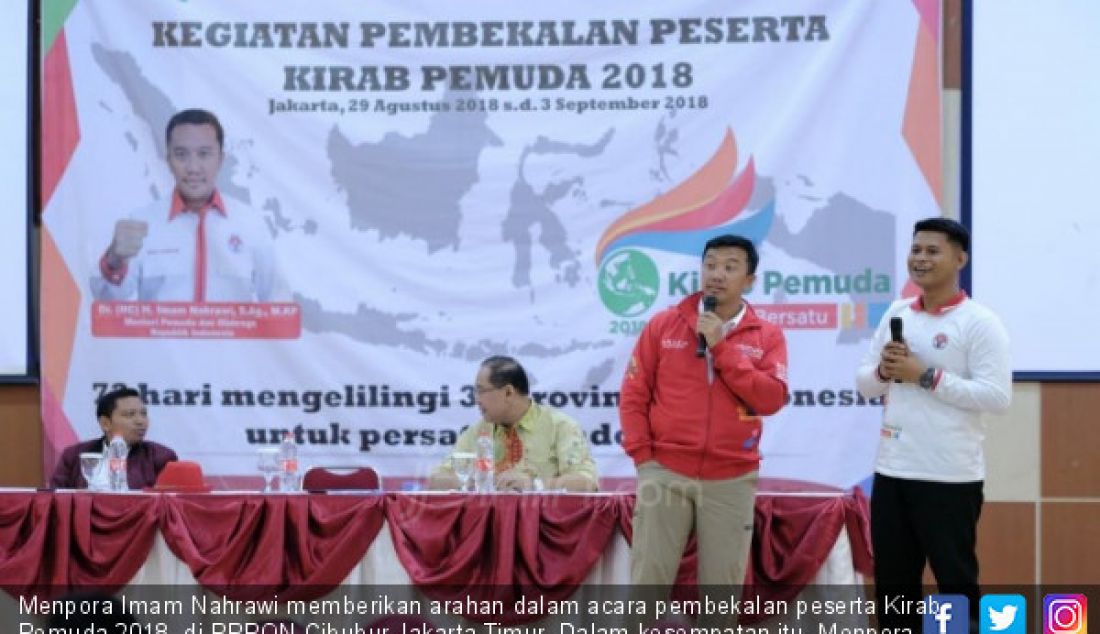 Menpora Imam Nahrawi memberikan arahan dalam acara pembekalan peserta Kirab Pemuda 2018, di PPPON Cibubur Jakarta Timur. Dalam kesempatan itu, Menpora mengajak para peserta membantu pemerintah mencari bibit-bibit atlet. - JPNN.com