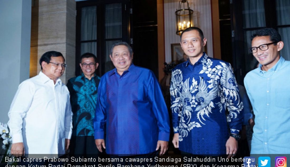 Bakal capres Prabowo Subianto bersama cawapres Sandiaga Salahuddin Uno bertemu dengan Ketum Partai Demokrat Susilo Bambang Yudhoyono (SBY) dan Kogasma Partai Demokrat Agus Harimurti Yudhoyono, Jakarta (12/9). - JPNN.com