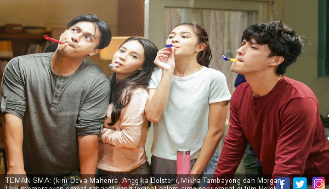 TEMAN SMA: (kiri) Deva Mahenra, Anggika Bolsterli, Mikha Tambayong dan Morgan Oey memerankan empat sahabat yang terlibat dalam cinta segi empat di film Belok kanan Barcelona. - JPNN.com