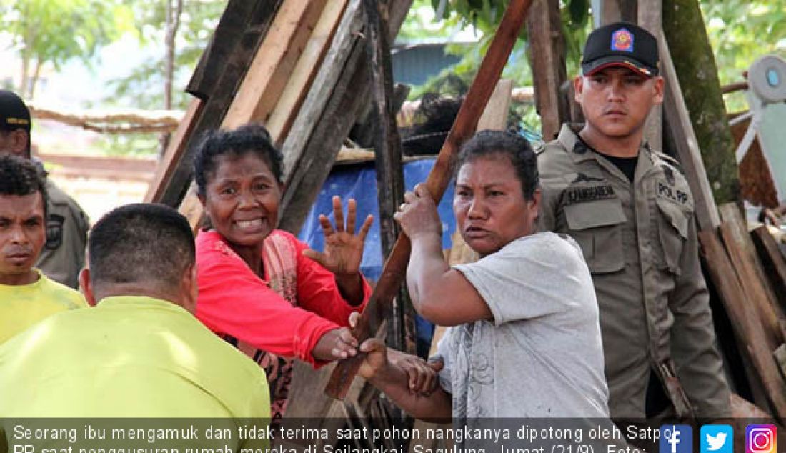 Seorang ibu mengamuk dan tidak terima saat pohon nangkanya dipotong oleh Satpol PP saat penggusuran rumah mereka di Seilangkai, Sagulung, Jumat (21/9). - JPNN.com