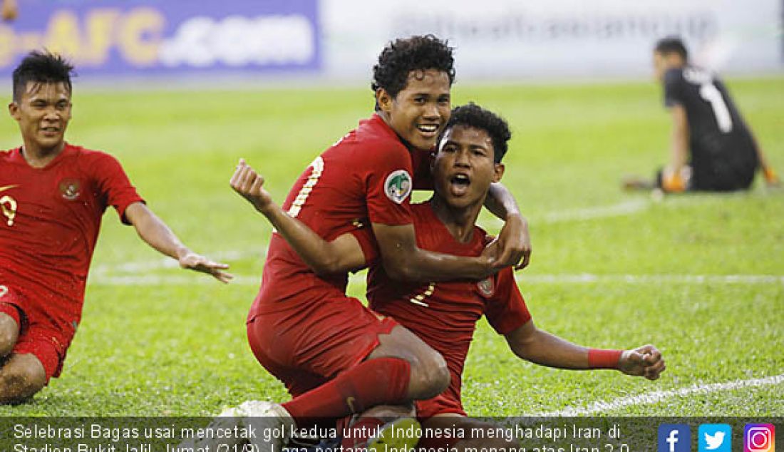 Selebrasi Bagas usai mencetak gol kedua untuk Indonesia menghadapi Iran di Stadion Bukit Jalil, Jumat (21/9). Laga pertama Indonesia menang atas Iran 2-0. - JPNN.com