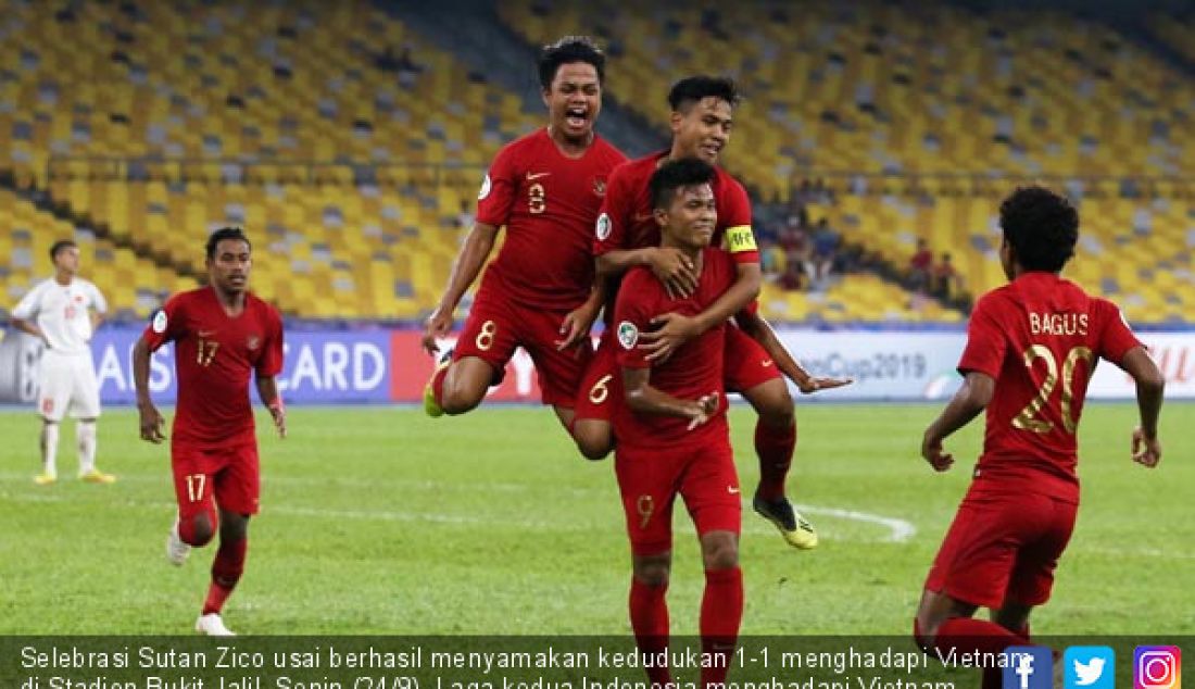 Selebrasi Sutan Zico usai berhasil menyamakan kedudukan 1-1 menghadapi Vietnam di Stadion Bukit Jalil, Senin (24/9). Laga kedua Indonesia menghadapi Vietnam berakhir seri 1-1. - JPNN.com