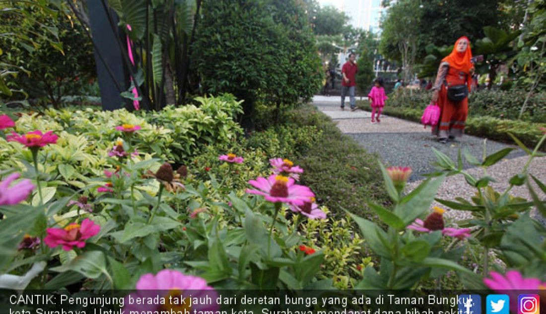 CANTIK: Pengunjung berada tak jauh dari deretan bunga yang ada di Taman Bungkul, kota Surabaya. Untuk menambah taman kota, Surabaya mendapat dana hibah sekitar Rp 3 miliar. - JPNN.com