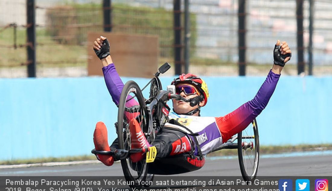 Pembalap Paracycling Korea Yeo Keun Yoon saat bertanding di Asian Para Games 2018, Bogor, Selasa (9/10). Yeo Keun Yoon meraih medali emas pada pertandingan tersebut. - JPNN.com