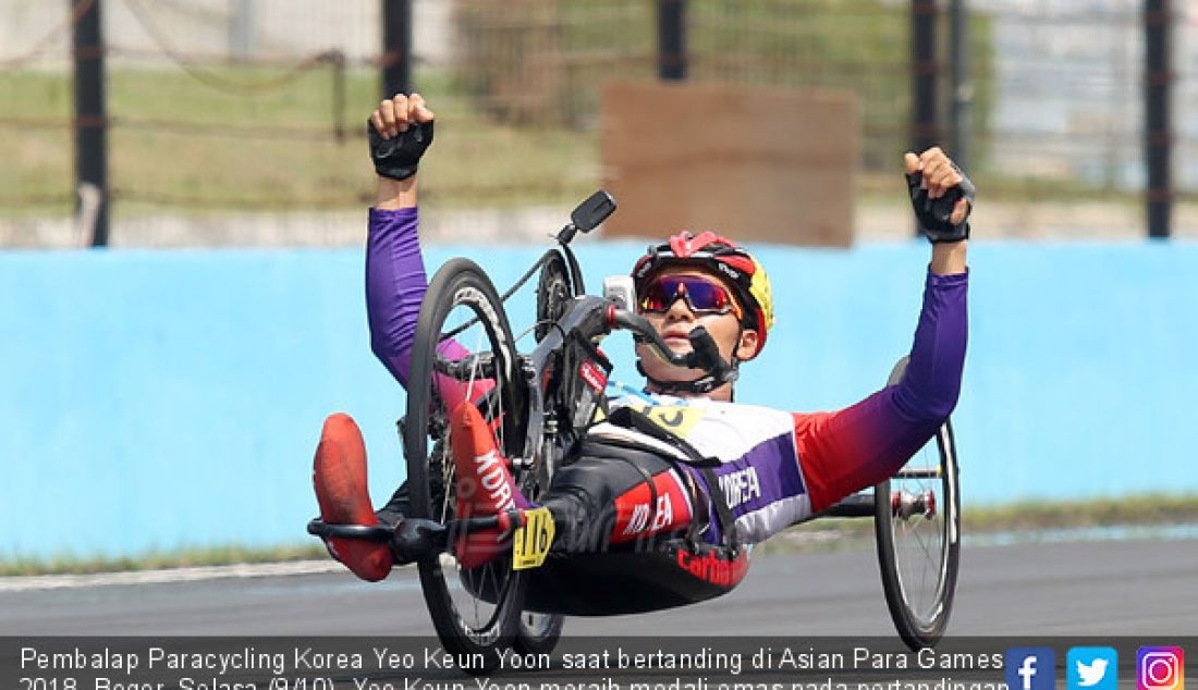 Pembalap Paracycling Korea Yeo Keun Yoon saat bertanding di Asian Para Games 2018, Bogor, Selasa (9/10). Yeo Keun Yoon meraih medali emas pada pertandingan tersebut. - JPNN.com