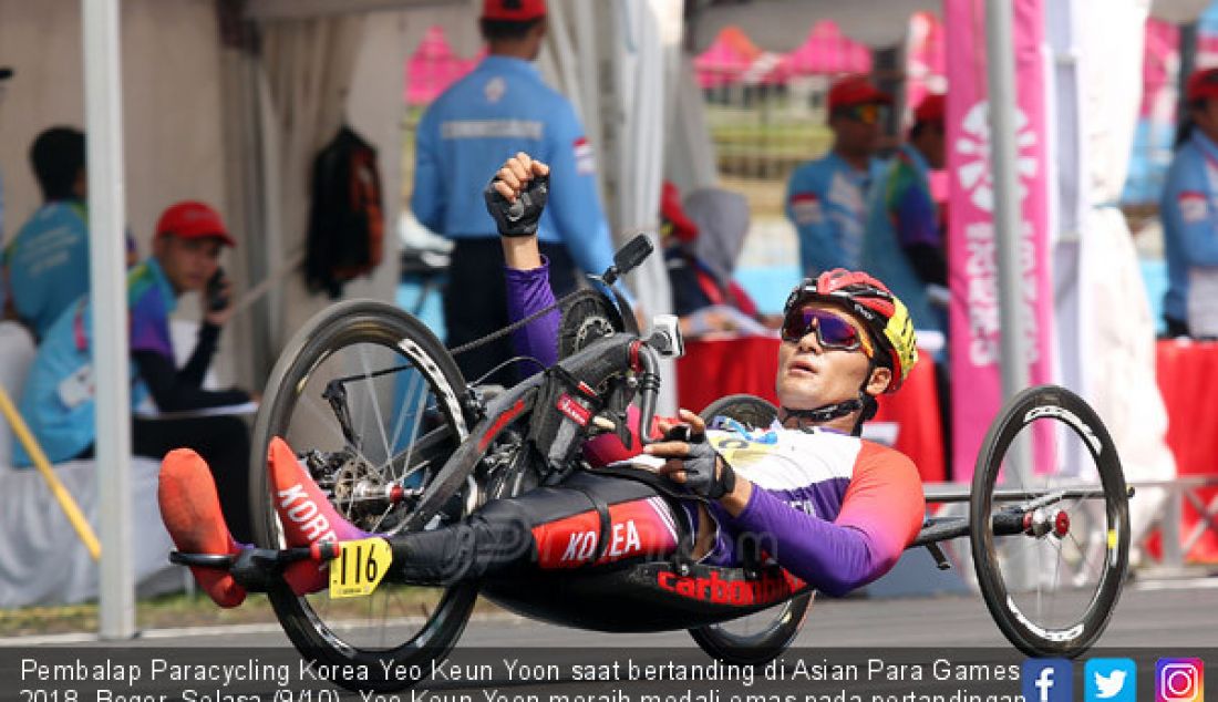 Pembalap Paracycling Korea Yeo Keun Yoon saat bertanding di Asian Para Games 2018, Bogor, Selasa (9/10). Yeo Keun Yoon meraih medali emas pada pertandingan tersebut. - JPNN.com