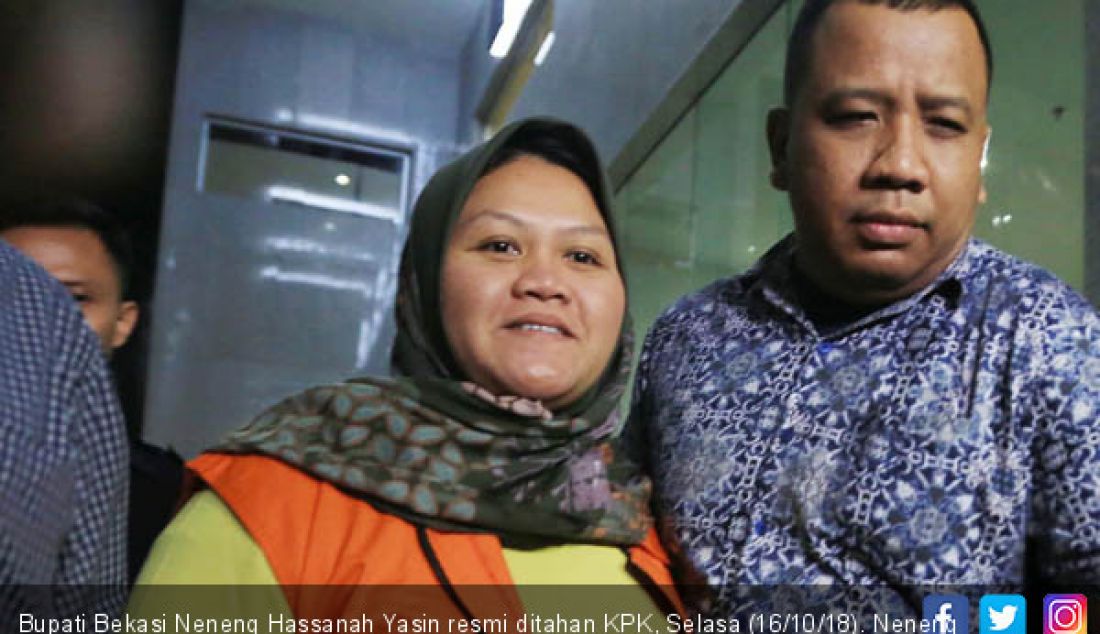 Bupati Bekasi Neneng Hassanah Yasin resmi ditahan KPK, Selasa (16/10/18). Neneng resmi ditahan KPK terkait kasus suap perizinan Meikarta. - JPNN.com