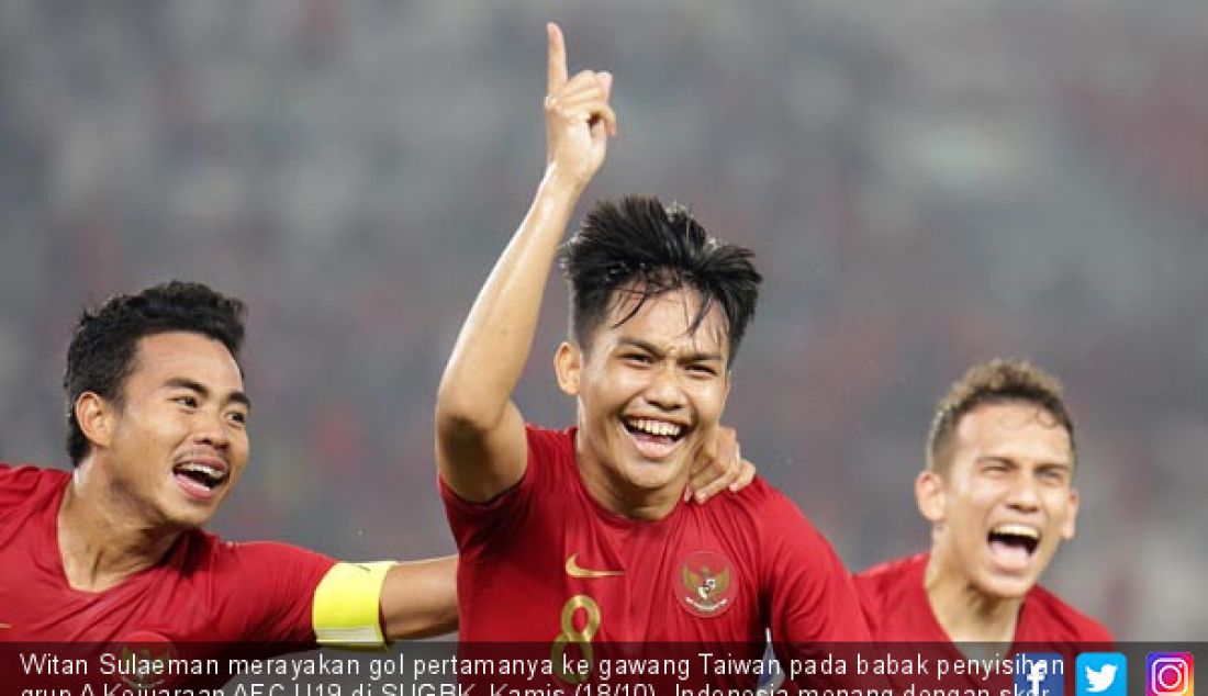 Witan Sulaeman merayakan gol pertamanya ke gawang Taiwan pada babak penyisihan grup A Kejuaraan AFC U19 di SUGBK, Kamis (18/10). Indonesia menang dengan skor 3-1. - JPNN.com