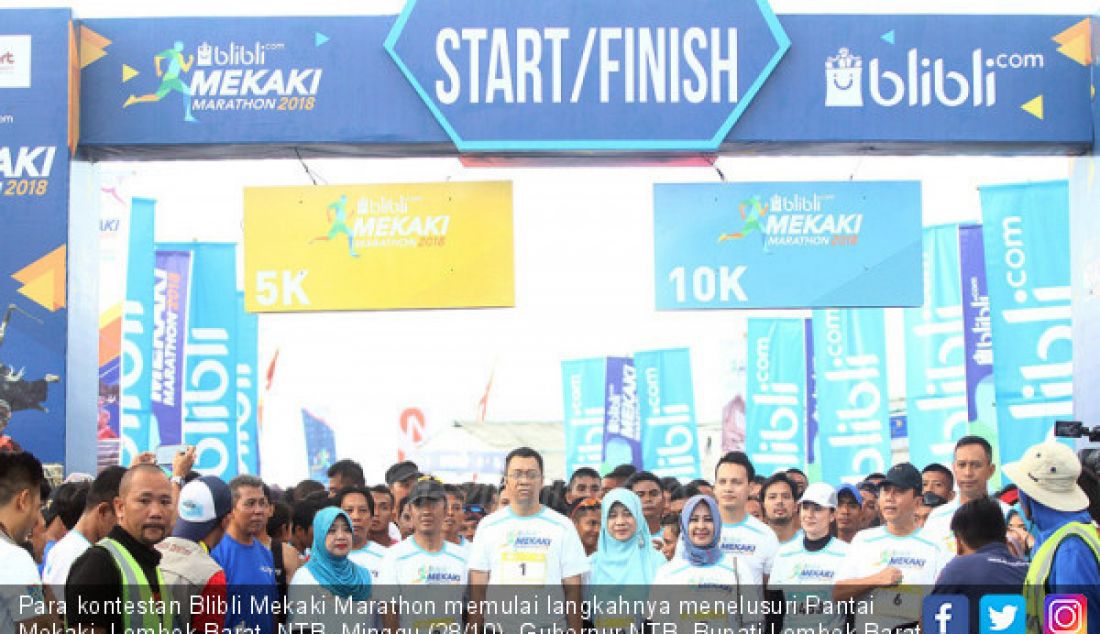 Para kontestan Blibli Mekaki Marathon memulai langkahnya menelusuri Pantai Mekaki, Lombok Barat, NTB, Minggu (28/10). Gubernur NTB, Bupati Lombok Barat, Wulan Guritno dan Ben Joshua, Blibli Mekaki Marathon 2018 ini diikuti 1.500 peserta, 1.000 untuk kategori 5km dan 500 peserta untuk 10km. - JPNN.com