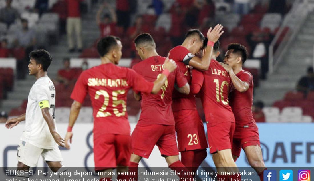 SUKSES: Penyerang depan timnas senior Indonesia Stefano Lilipaly merayakan golnya kegawang Timor Leste di ajang AFF Suzuki Cup 2018, SUGBK, Jakarta, Selasa (13/11). Indonesia menang 3-1 atas dari Timor Leste. - JPNN.com