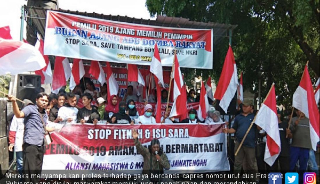 Mereka menyampaikan protes terhadap gaya bercanda capres nomor urut dua Prabowo Subianto yang dinilai masyarakat memiliki unsur penghinaan dan merendahkan martabat warga Boyolali dan menolak rezim militeristik. - JPNN.com